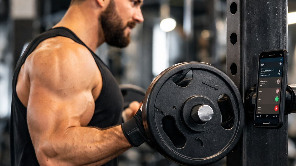 Man lifting weights with a smartphone app on a gym machine. Magicbunnyhat