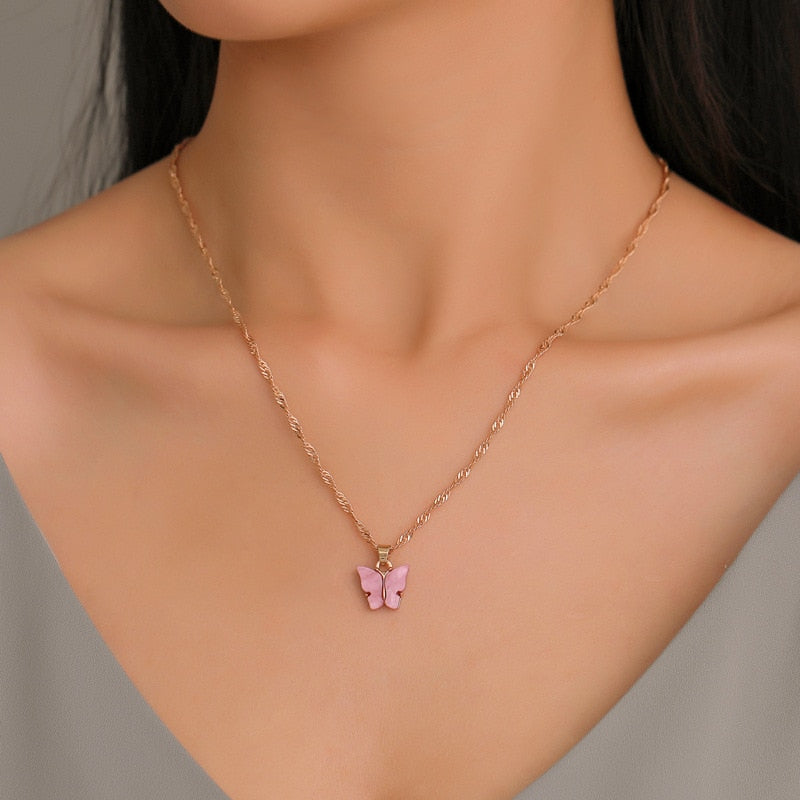 Pink Butterfly Pendant Necklace